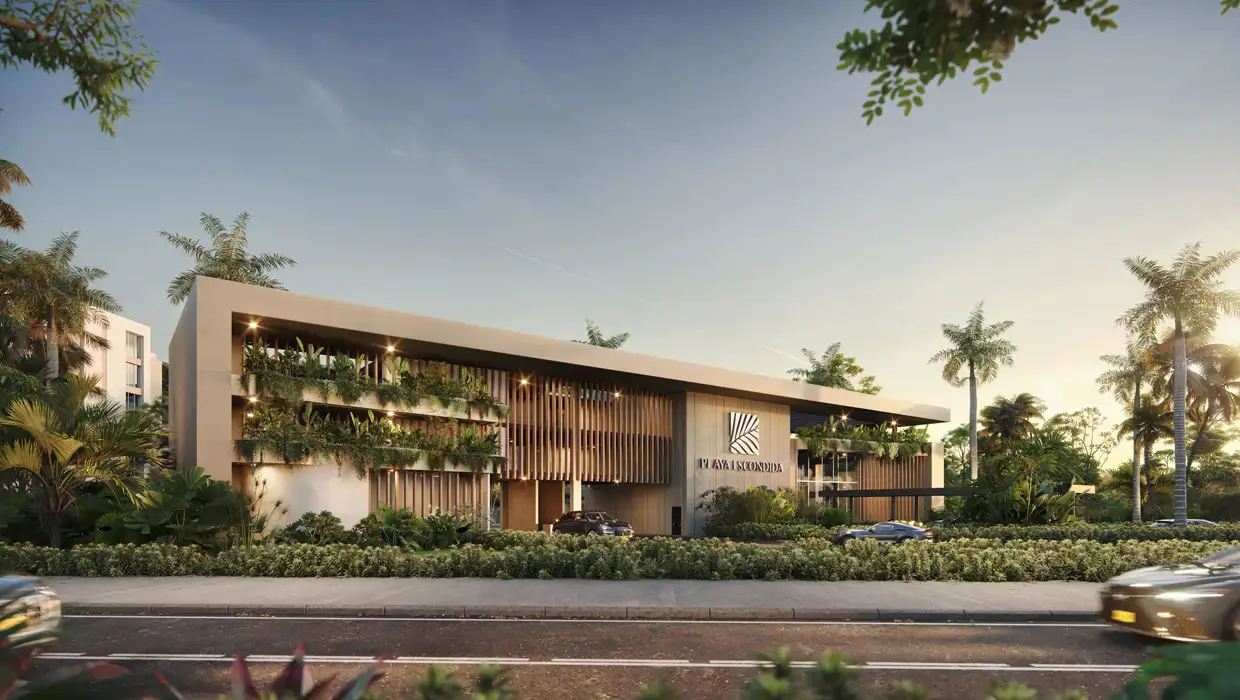 Render del acceso al resort residencial de Playa Escondida